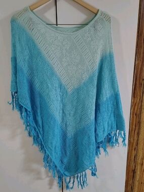 Vintage Faded Glory Aqua Crochet Knit Poncho Y2K Boho Ramie Cotton OS FFFGW44511